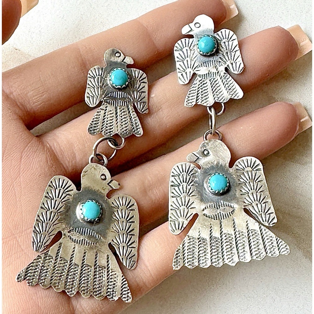 Navajo Thunderbird Earrings Turquoise Yazzie 3in‎ Dangle Matte Sterling 925 BIG